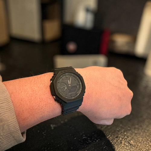 TimelessPieces by Marcel Casio G-Shock GA-2100 black analog-digital watch on wrist. Used condition.