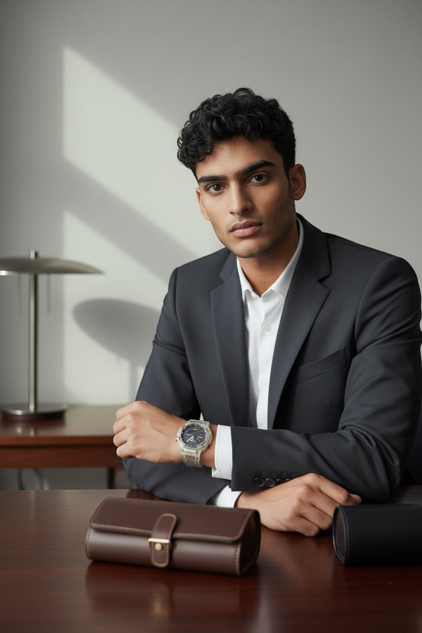 TimelessPieces by Marcel: Men's transparent Casio G-Shock GA-2100 watch with analog-digital display on a man wearing a suit.