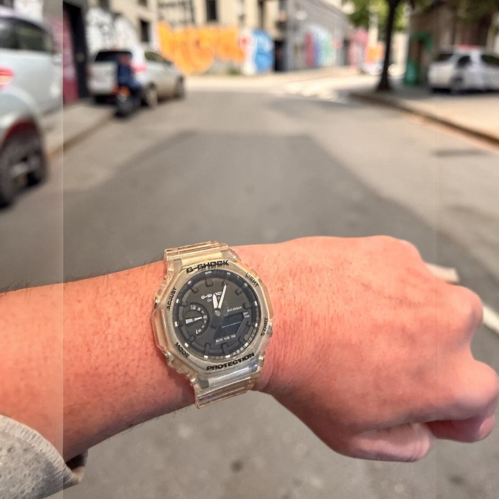 TimelessPieces by Marcel Casio G-Shock GA-2100 transparent analog-digital watch on wrist